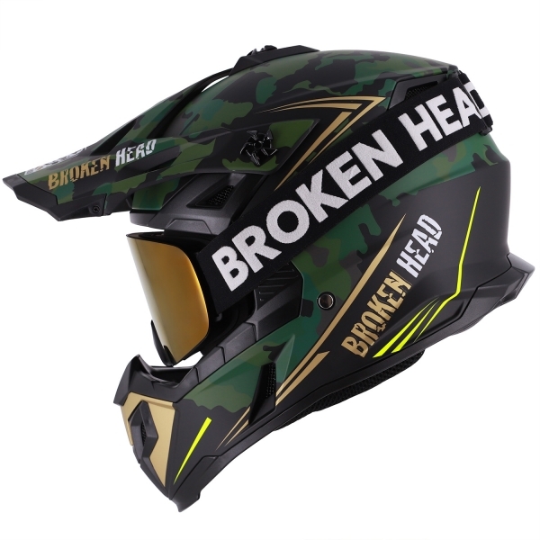 Broken Head Cross Helmet Squadron Grey + MX Goggles Regulator Green Mirrored