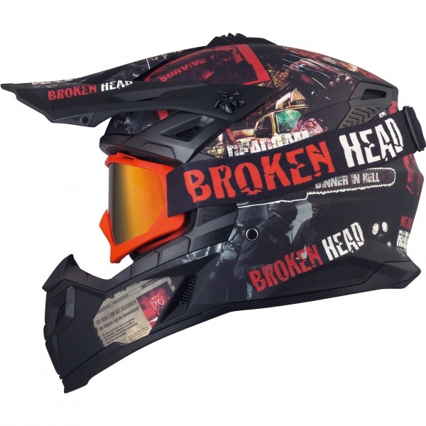 Broken Head Crosshelm SET Resolution Rot + MX-2 Goggle Rot + Rot Verspiegeltes Glas