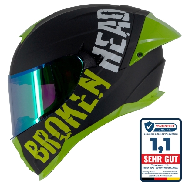 Broken Head Full Face Helmet BeProud Pro Sport Green Sun Visor + Green Mirrored Visor