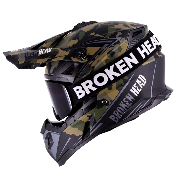 Broken Head Cross Helmet Squadron Grey + MX Goggles Regulator Green Mirrored