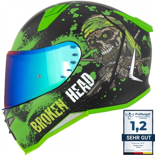Broken Head Jack S. V2 Pro Green Full Face Helmet + Free Green Mirrored Visor