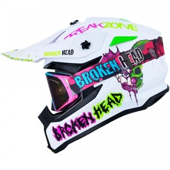 Broken Head Supermoto Helm FreakZone Weiss-Pink-Grün + MX-Brille Regulator Pink