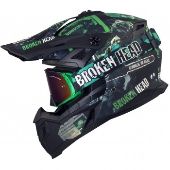 Broken Head Supermoto- & Motocross-Helm Resolution Grün + MX-Brille Regulator Grün Verspiegelt