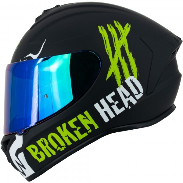 Broken Head Full Face Helmet Adrenaline Therapy 4X Black White + Green Mirrored Visor