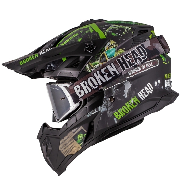 Broken Head Casque Supermotard &amp; Motocross Resolution Vert SET avec Lunettes MX Régulateur Vert Miroir