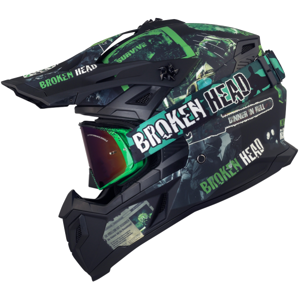 Broken Head Supermoto- &amp; Motocross-Helm Resolution Grün + MX-Brille Regulator Grün Verspiegelt