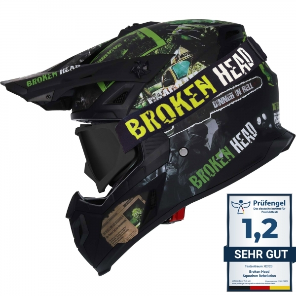 Broken Head Supermoto- &amp; Motocross-Helm Resolution Grün + MX-2 Schwarz mit schwarzem Glas